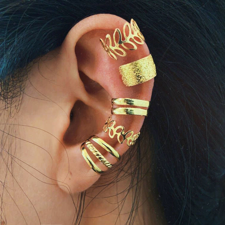 18K Gold-Plated Frosted Ear Cuff Set, gold stud earrings for women, everyday style, front view