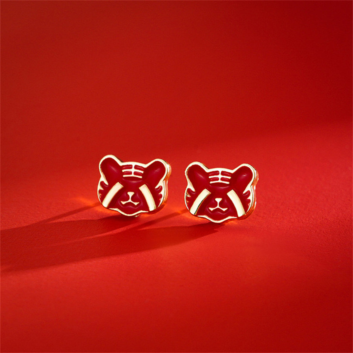 Red Enamel & 18K Gold-Plated Tiger Face Stud Earrings