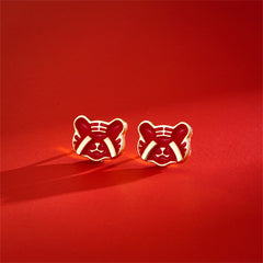 Red Enamel & 18K Gold-Plated Tiger Face Stud Earrings