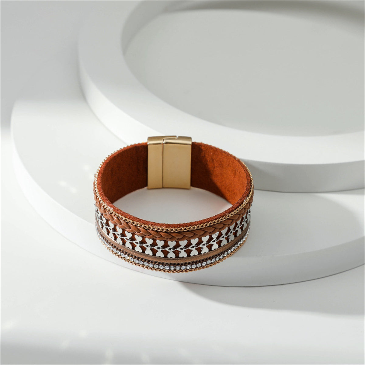 Cubic Zirconia and Brown Polystyrene Two-Tone Curb-Chain Heart Bangle, bracelet for women, detail close-up