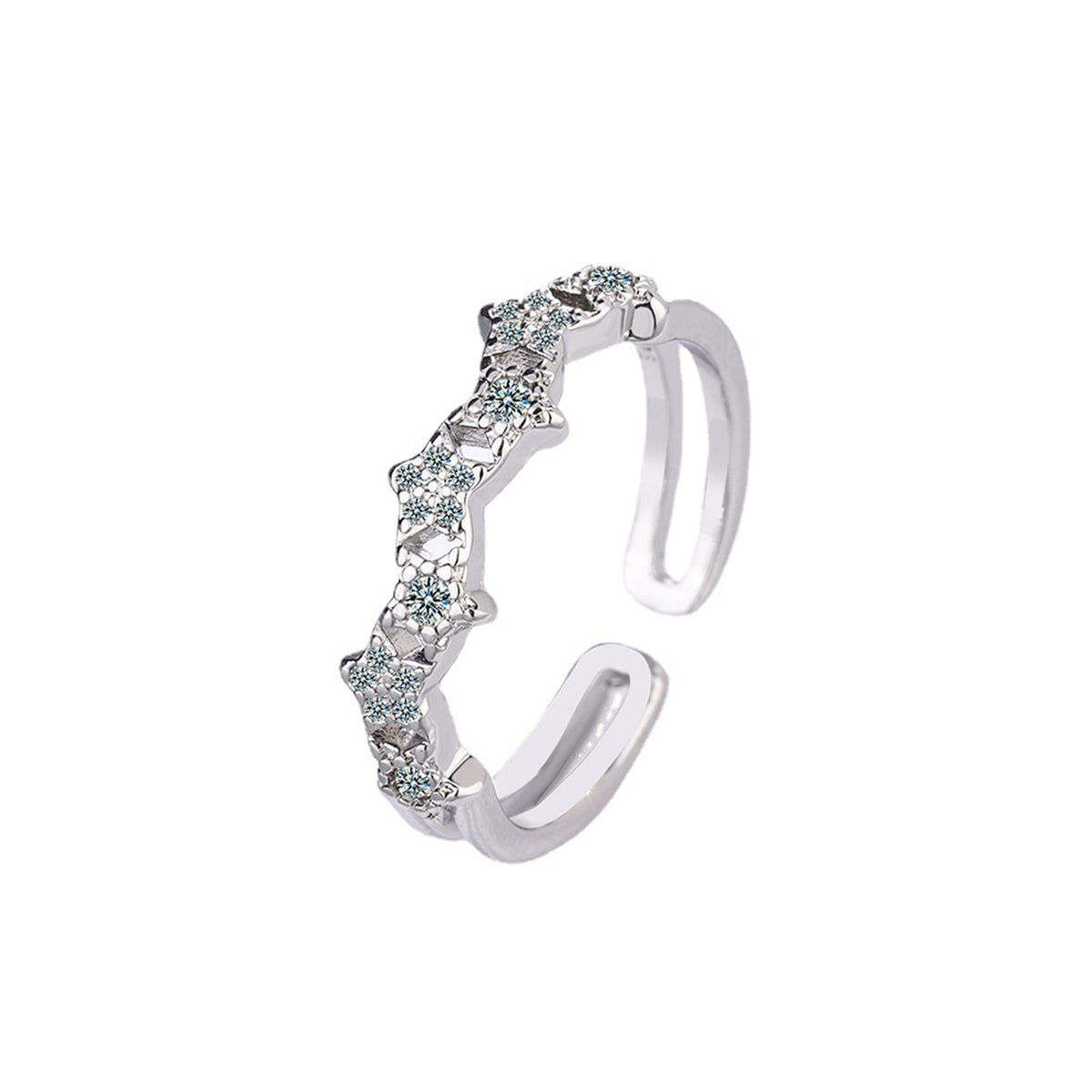 Cubic Zirconia and Silver-Plated Linked Star Open Band Ring, silver statement rings for women, lifestyle look