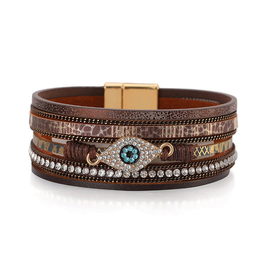 Brown Polystyrene and Cubic Zirconia 18K Gold-Plated Eye Layered Bracelet, gold bracelet for women, front view