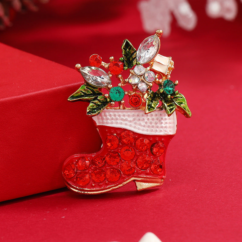 Crystal & Red Cubic Zirconia Christmas Stocking Brooch