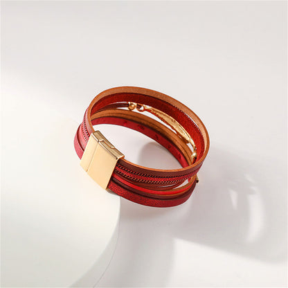 Red Polystyrene and Cubic Zirconia 18K Gold-Plated Feather Stacked Bracelet, gold bracelet for women, lifestyle look