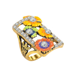 Cubic Zirconia & Enamel 18K Gold-Plated Floral Rectangle Ring