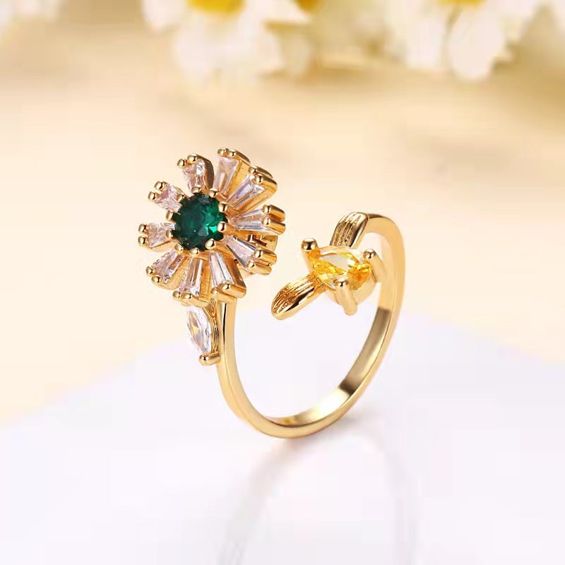 Crystal & Cubic Zirconia 18K Gold-Plated Bee & Flower Adjustable Ring