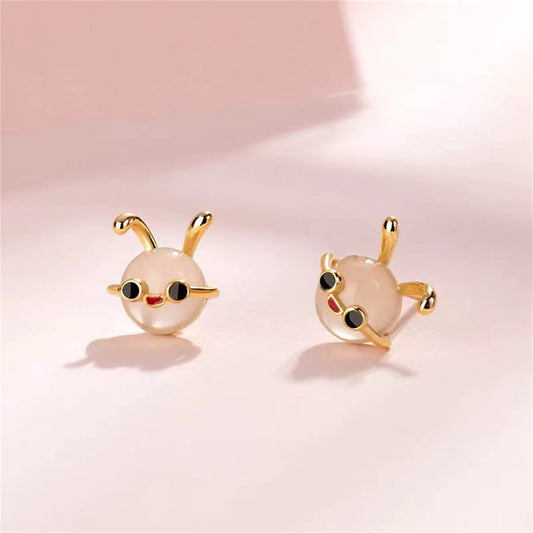 Quartz and 18K Gold-Plated Rabbit Stud Earrings, gold stud earrings for women, elegant gift for her, front view
