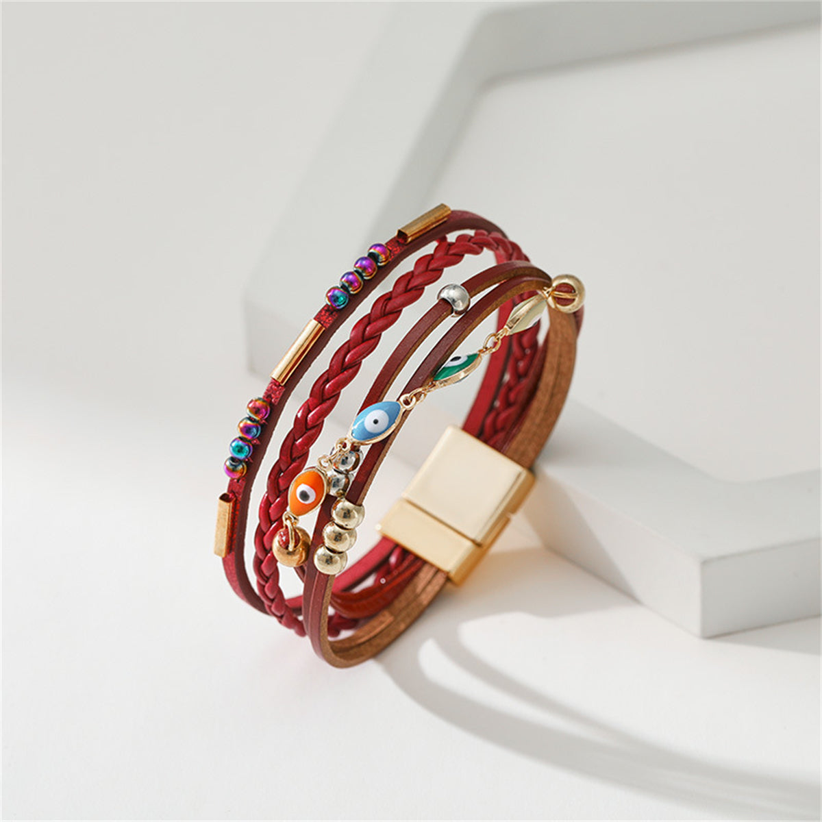 Red Polystyrene and Enamel 18K Gold-Plated Evil Eye Multistrand Bracelet, gold bracelet for women, detail close-up