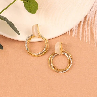 Cat's Eye and Cubic Zirconia Stacked Drop Earrings, drop earrings for women, dainty minimalist design, front view