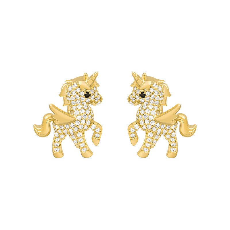 Cubic Zirconia and 18K Gold-Plated Unicorn Stud Earrings, gold stud earrings for women, botanical inspired, front view