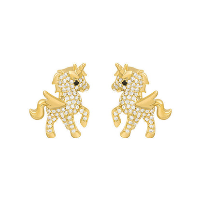 Cubic Zirconia and 18K Gold-Plated Unicorn Stud Earrings, gold stud earrings for women, botanical inspired, front view