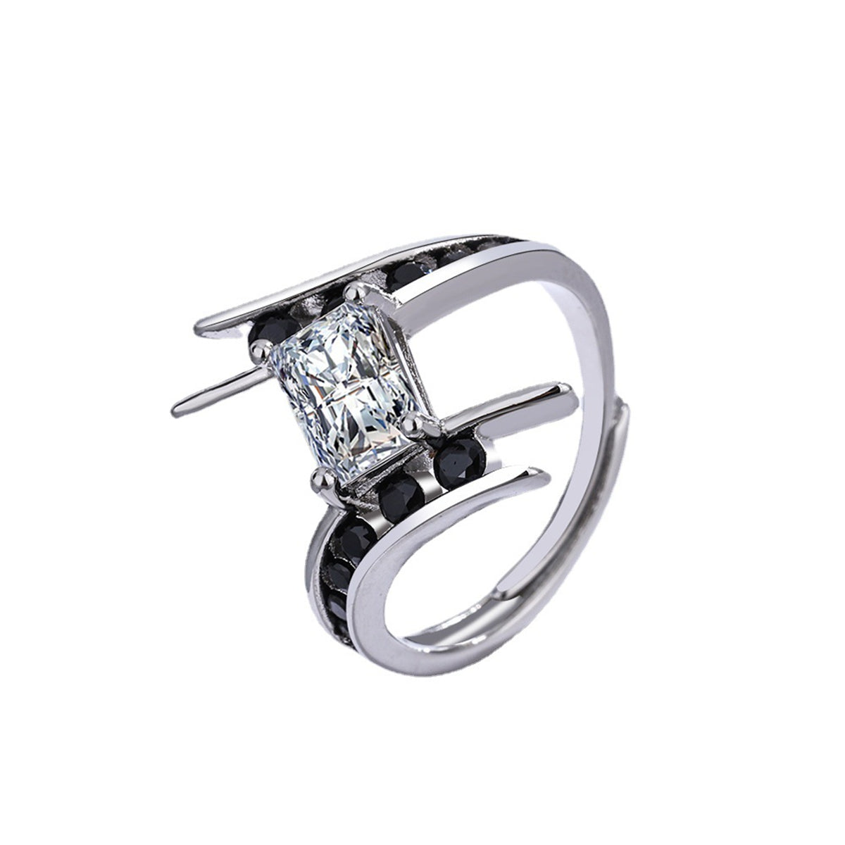 Black Cubic Zirconia and Crystal Silver-Plated Ring, silver statement rings for women, dainty minimalist design, front view