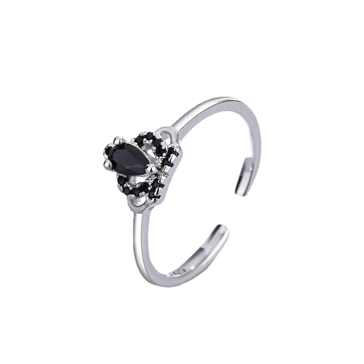 Black Cubic Zirconia and Silver-Plated Crown Open Ring, silver statement rings for women, front view