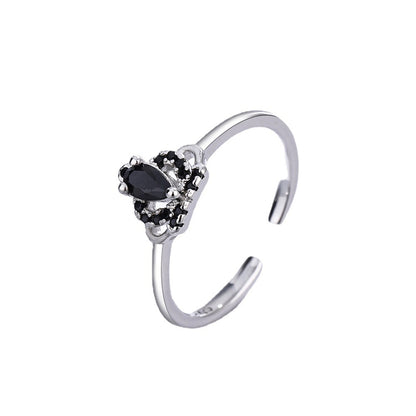 Black Cubic Zirconia and Silver-Plated Crown Open Ring, silver statement rings for women, front view