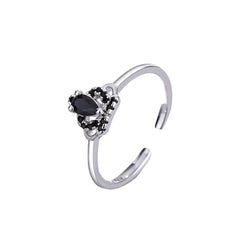 Black Cubic Zirconia & Silver-Plated Crown Open Ring