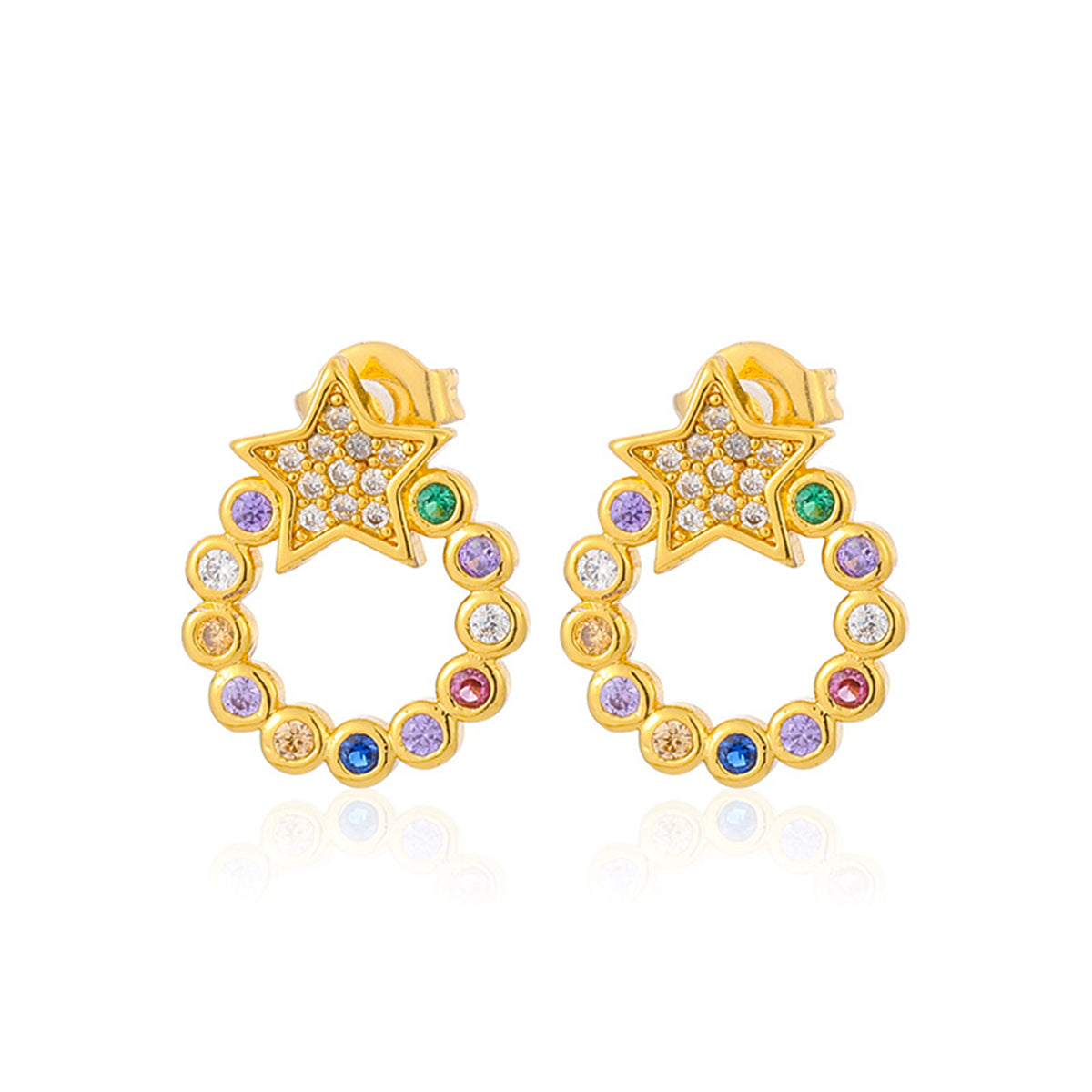 Pink Cubic Zirconia & 18K Gold-Plated Circle Star Stud Earrings