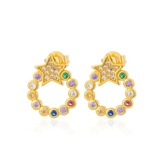 Pink Cubic Zirconia & 18K Gold-Plated Circle Star Stud Earrings