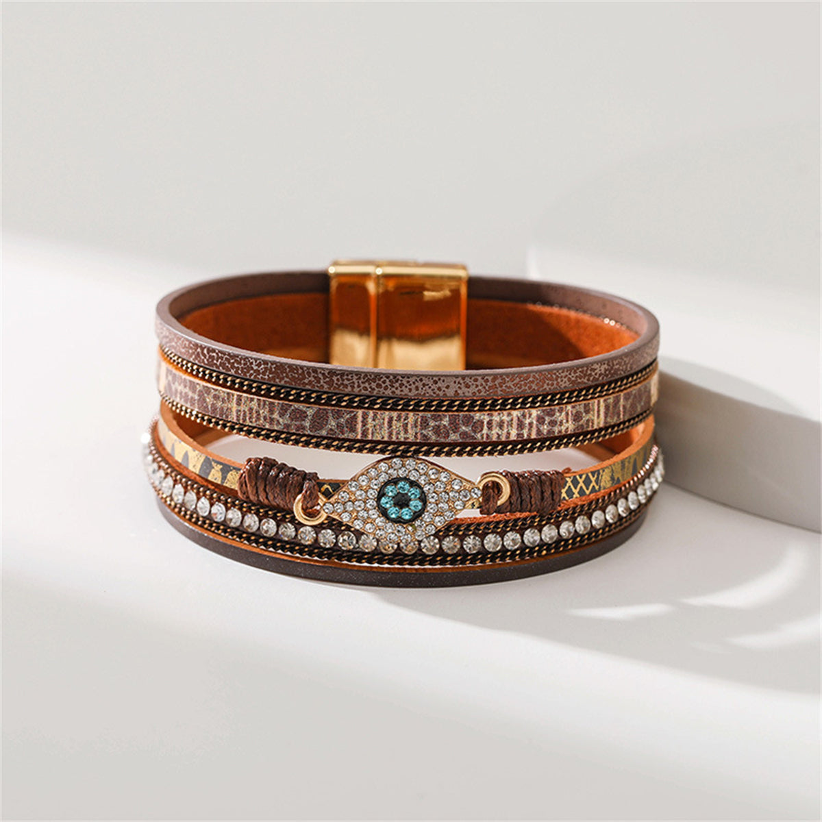 Brown Polystyrene & Cubic Zirconia 18K Gold-Plated Eye Layered Bracelet