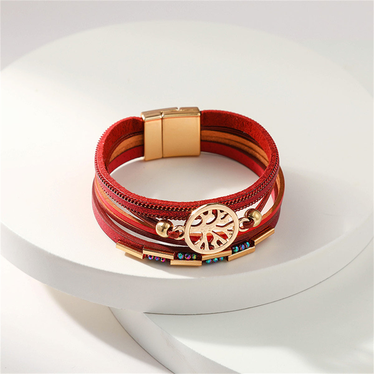 Cubic Zirconia and Red Polystyrene 18K Gold-Plated Tree Charm Layered Bracelet, gold bracelet for women, side view