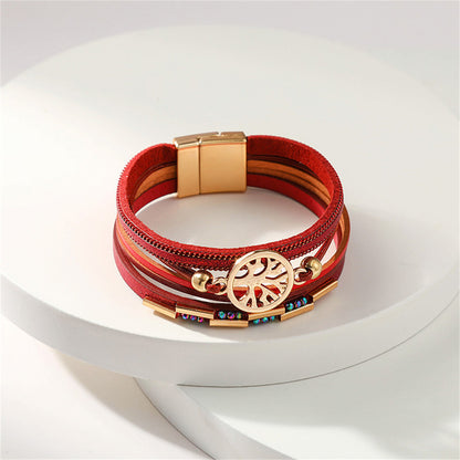 Cubic Zirconia and Red Polystyrene 18K Gold-Plated Tree Charm Layered Bracelet, gold bracelet for women, side view