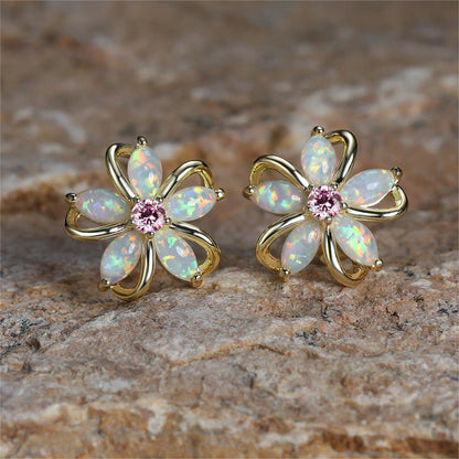White Opal and Cubic Zirconia Flower Stud Earrings, stud earrings for women, dainty minimalist design, front view