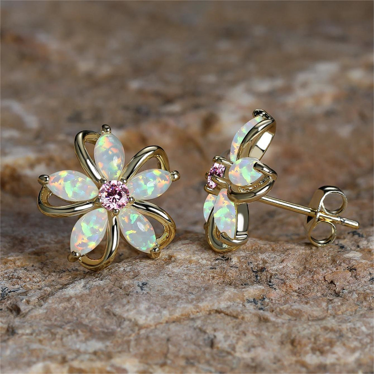 White Opal and Cubic Zirconia Flower Stud Earrings, stud earrings for women, dainty minimalist design, detail close-up