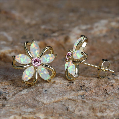 White Opal and Cubic Zirconia Flower Stud Earrings, stud earrings for women, dainty minimalist design, detail close-up