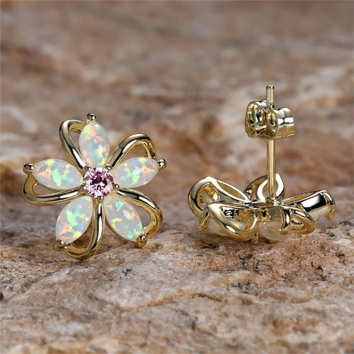 White Opal and Cubic Zirconia Flower Stud Earrings, stud earrings for women, dainty minimalist design, side view
