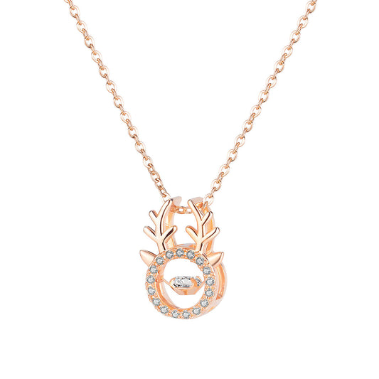 Cubic Zirconia and 18K Rose Gold-Plated Antler Pendant Necklace, rose gold pendant necklace for women, front view