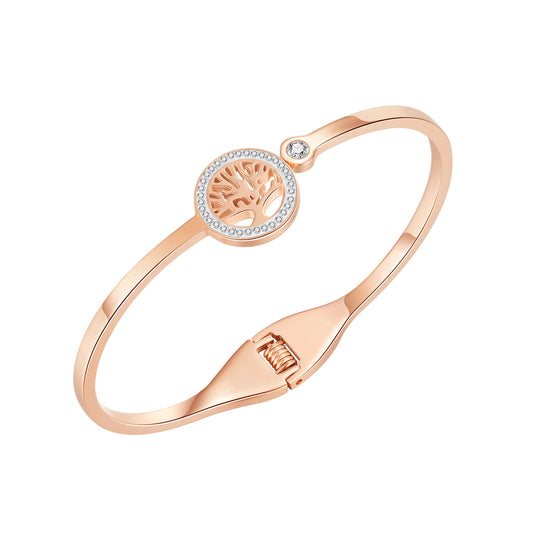 Clear Cubic Zirconia and 18K Rose Gold-Plated Halo Tree Of Life Hinged Bangle, rose gold bangle bracelet, front view