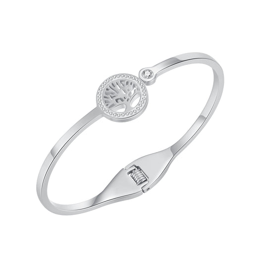 Cubic Zirconia and Silver-Plated Halo Life-Tree Hinge Bangle, silver bangle bracelet, botanical inspired, front view