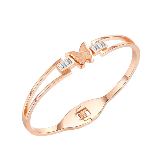 Cubic Zirconia and 18K Rose Gold-Plated Frosted Butterfly Layered Band Bangle, rose gold bangle bracelet, front view