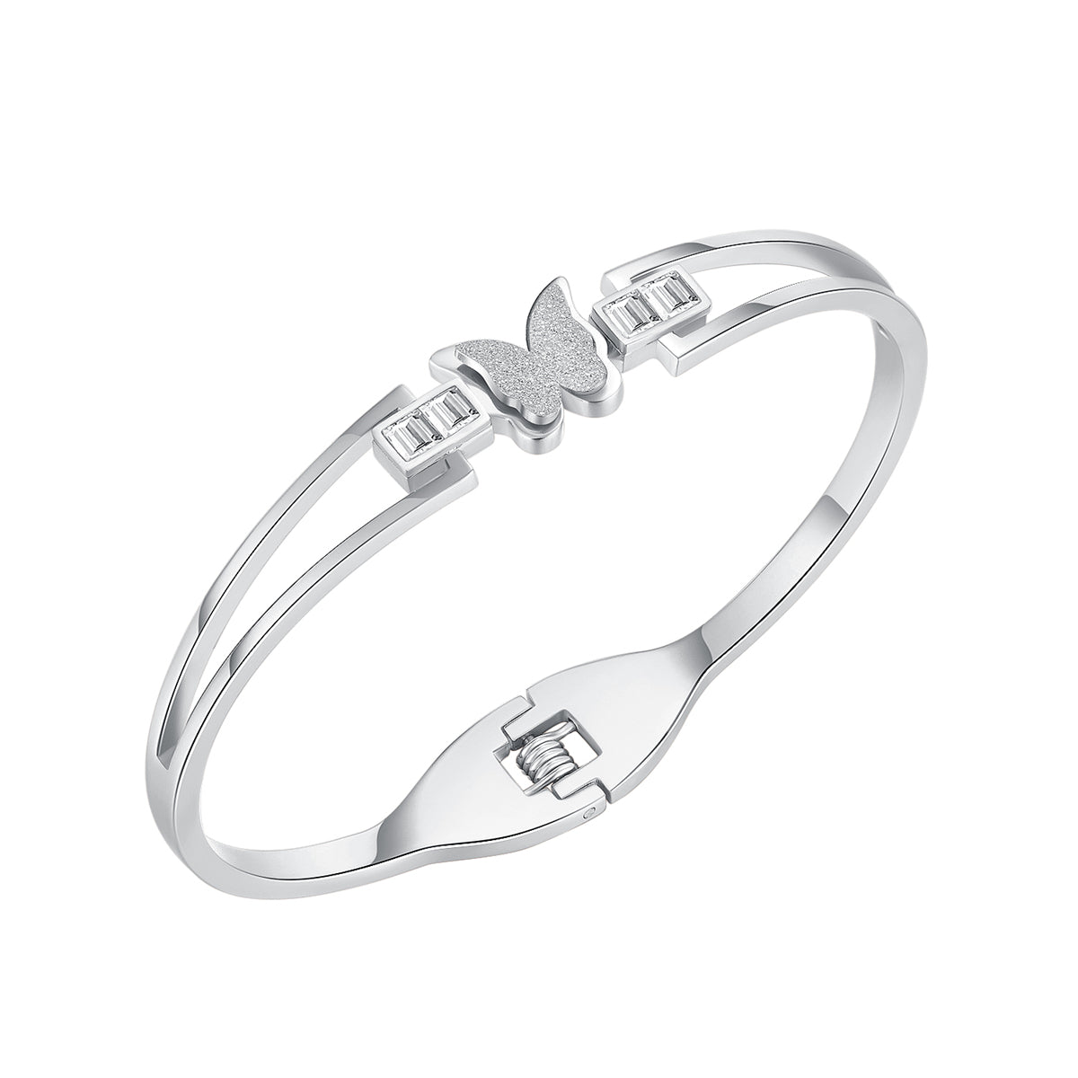 Cubic Zirconia and Silver-Plated Frosted Butterfly Layered Band Bangle, silver bangle bracelet, everyday style, front view