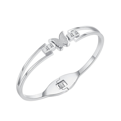 Cubic Zirconia and Silver-Plated Frosted Butterfly Layered Band Bangle, silver bangle bracelet, everyday style, front view