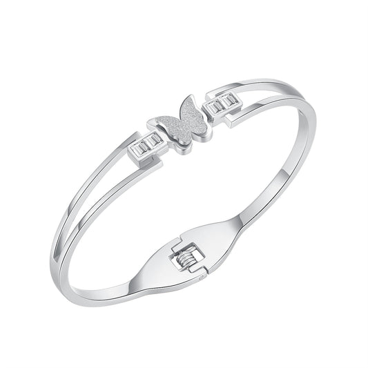 Cubic Zirconia and Silver-Plated Frosted Butterfly Layered Band Bangle, silver bangle bracelet, everyday style, front view