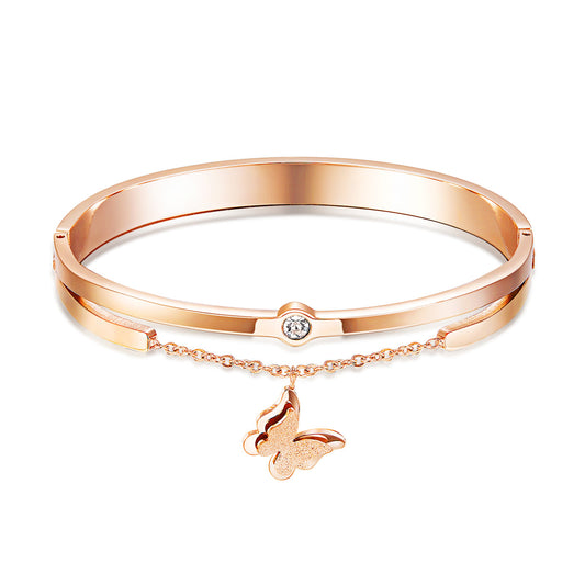 Cubic Zirconia and 18K Rose Gold-Plated Frosted Butterfly Bangle, rose gold bangle bracelet, everyday style, front view