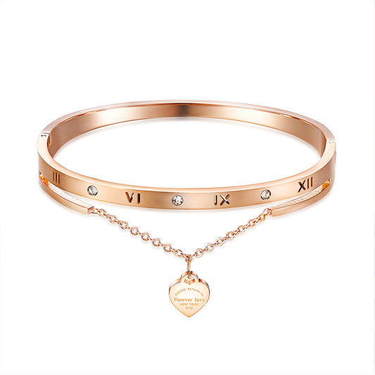 Cubic Zirconia and 18K Rose Gold-Plated Heart Layered Bangle, rose gold bangle bracelet, dainty minimalist design, front view