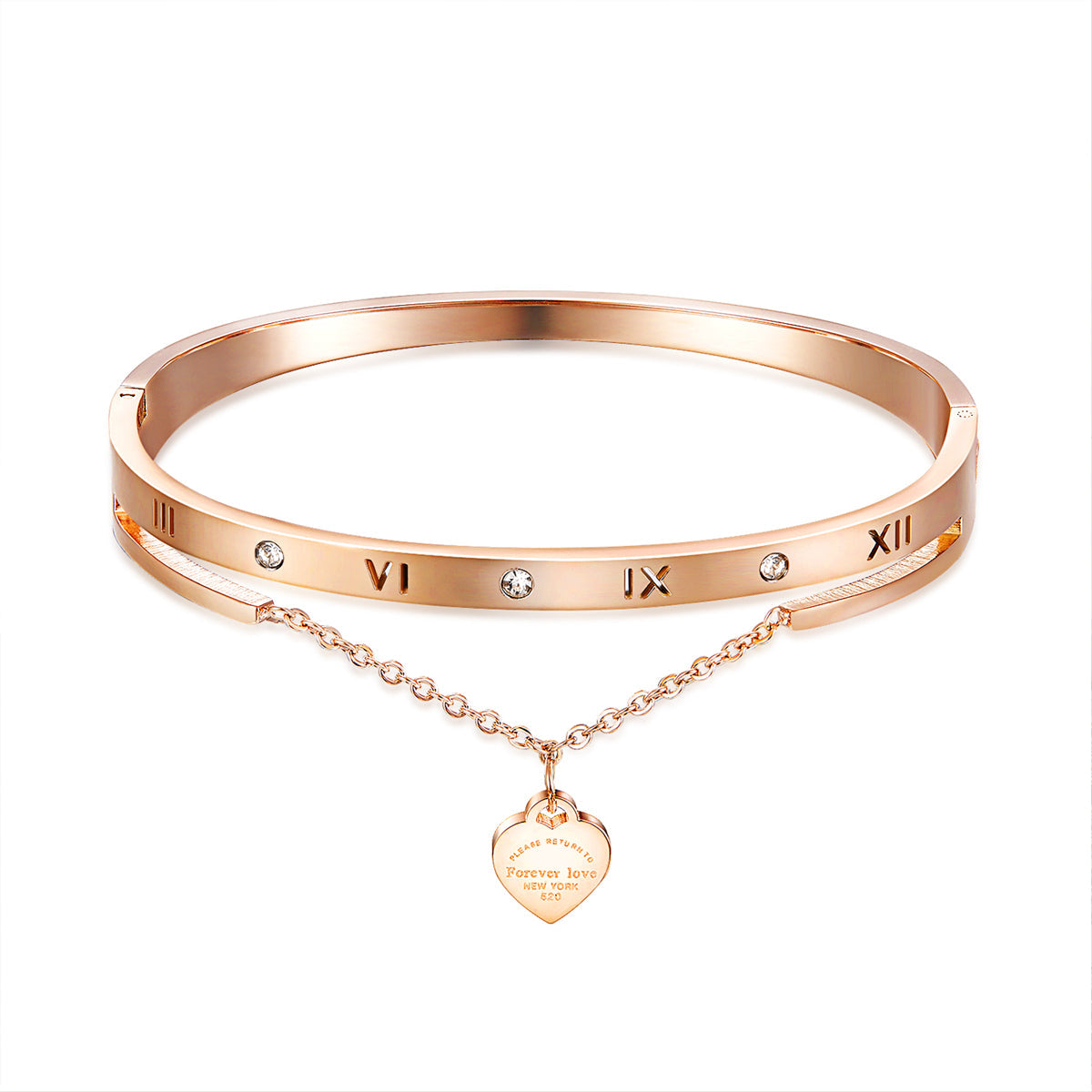 Cubic Zirconia & 18K Rose Gold-Plated Heart Layered Bangle