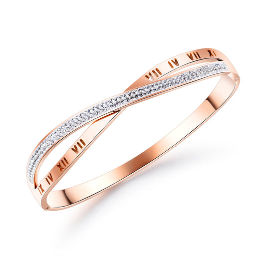 Clear Cubic Zirconia and 18K Rose Gold-Plated Roman Numeral Crisscross Bangle, rose gold bangle bracelet, front view