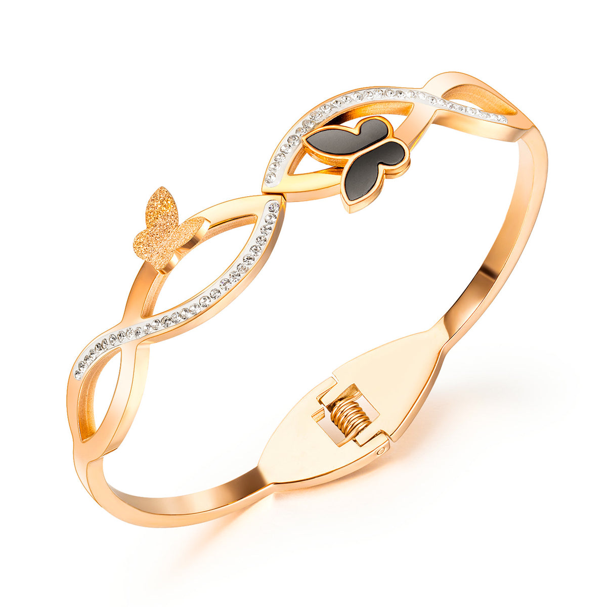 Cubic Zirconia and Black Acrylic 18K Rose Gold-Plated Frosted Butterfly Wave Bangle, rose gold bangle bracelet, front view