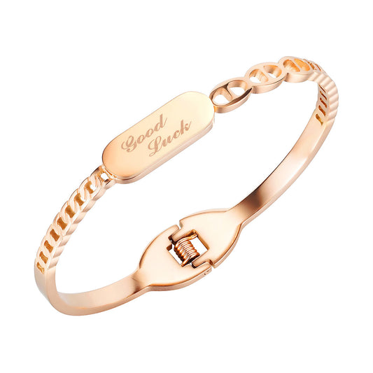 18K Rose Gold-Plated 'Good Luck' Curb Chain Bangle, rose gold bangle bracelet, elegant gift for her, front view