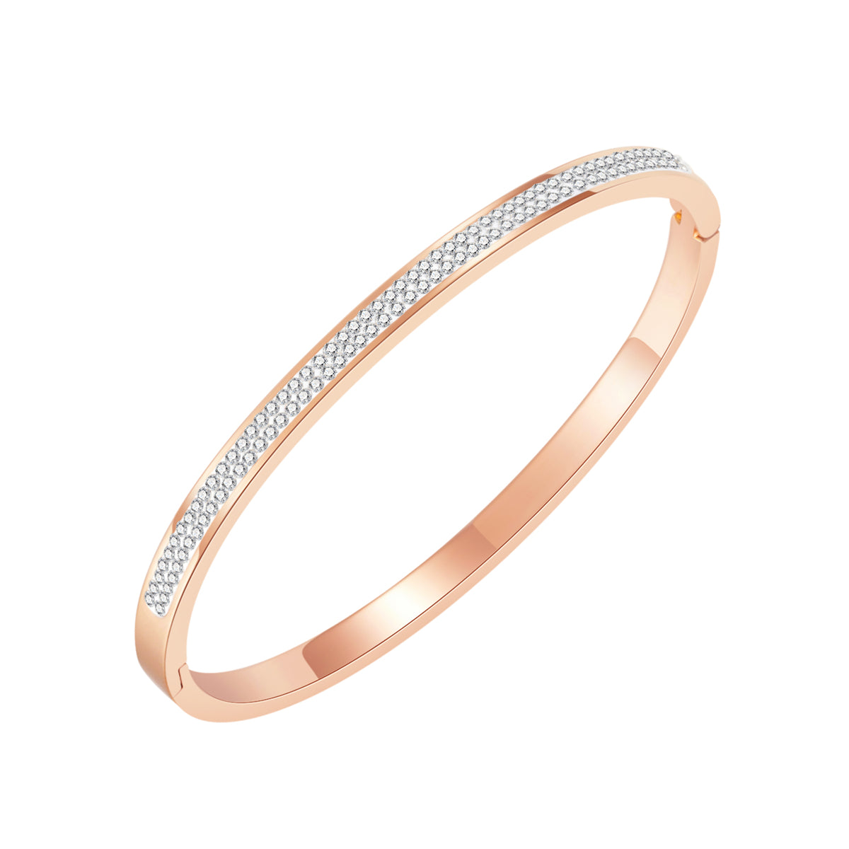 Clear Cubic Zirconia and 18K Rose Gold-Plated Hinged Bangle, rose gold bangle bracelet, vintage-inspired design, front view