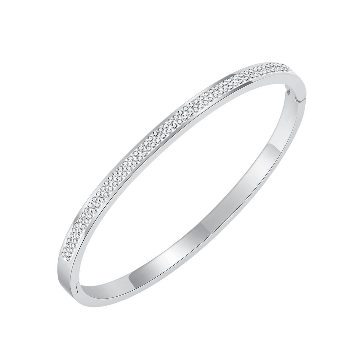 Clear Cubic Zirconia and Silver-Plated Hinged Bangle, silver bangle bracelet, vintage-inspired design, front view