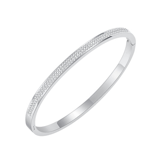 Clear Cubic Zirconia and Silver-Plated Hinged Bangle, silver bangle bracelet, vintage-inspired design, front view