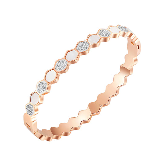 Cubic Zirconia and Shell 18K Rose Gold-Plated Hexagon Bangle, rose gold bangle bracelet, everyday style, front view