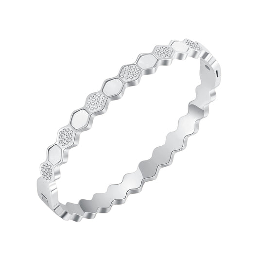 Cubic Zirconia and Shell Silver-Plated Hexagon Bangle, silver bangle bracelet, dainty minimalist design, front view