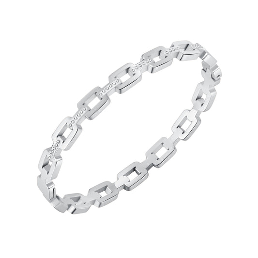 Cubic Zirconia and Silver-Plated Link Bangle, silver bangle bracelet, vintage-inspired design, front view