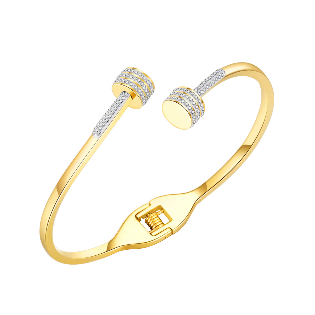 Cubic Zirconia and 18K Gold-Plated Coin Bypass Bangle, gold bangle bracelet, dainty minimalist design, front view