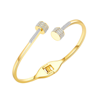 Cubic Zirconia and 18K Gold-Plated Coin Bypass Bangle, gold bangle bracelet, dainty minimalist design, front view