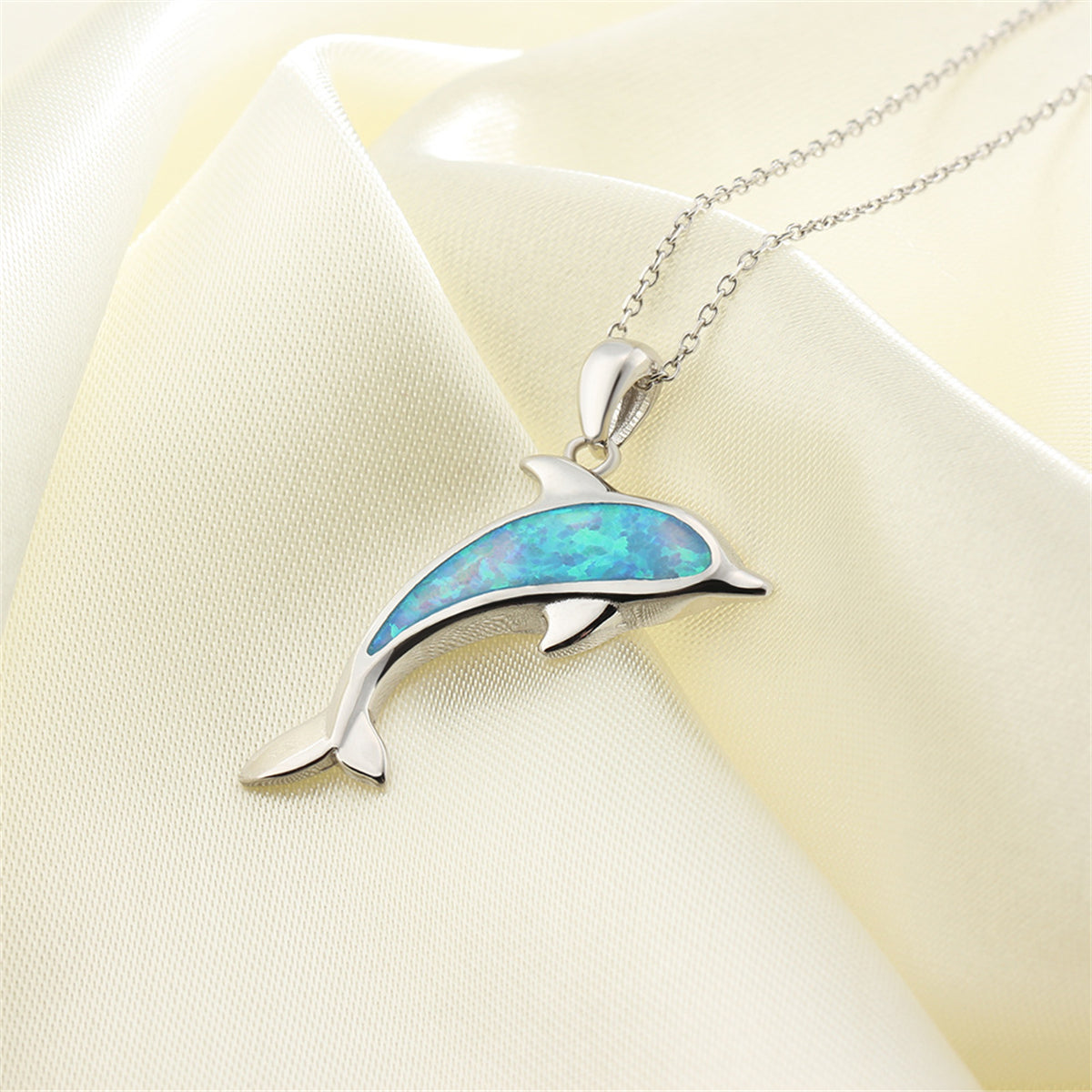 Blue Opal and Silver-Plated Dolphin Pendant Necklace, silver pendant necklace for women, elegant gift for her, front view